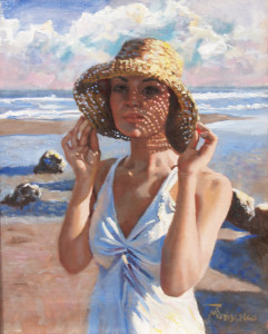 beautiful girl on beah with dappled light