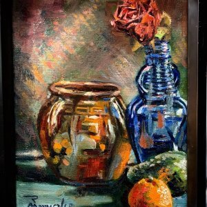 Still Life with Orange, Avocado and Rose