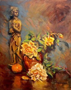 Yellow Roses with Statue