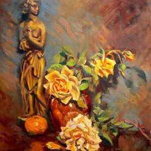 Yellow Roses with Statue
