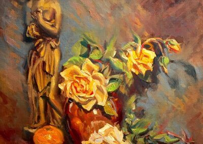 Yellow Roses with Statue