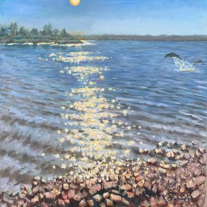 Into the Glimmering Waters is a study in how light frequencies play on the viewer. My goal is to get you to squint your eyes in order to look into the painting. The general color palette is subtle, the full spectrum present only in the reflected light.