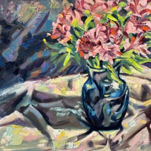 Azaleas in Blue Glass Vase
