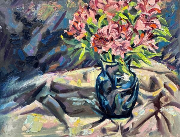 Azaleas in Blue Glass Vase