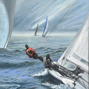 Clipping on refers to the sailing technique of hanging off the side of a racing sail, tethered, as shown, as a counter weight.