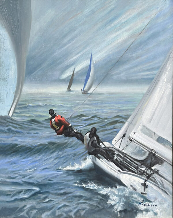 Clipping on refers to the sailing technique of hanging off the side of a racing sail, tethered, as shown, as a counter weight.