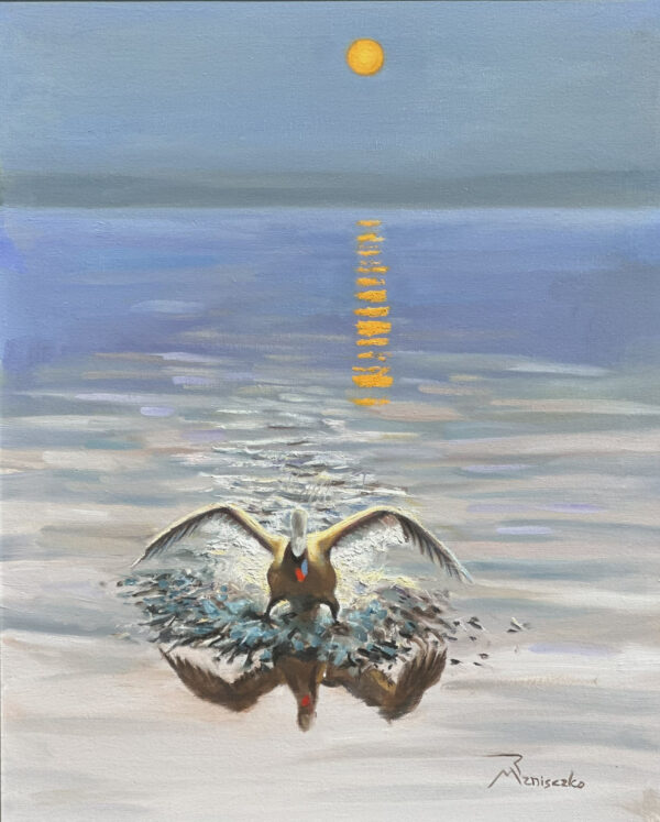 Smooth Landing 16 x 20" oil on panel, framed by the artist Smooth Landing depicts a beautiful Swann coming in for a perfect landing on a still, misty pond. It was very relaxing as I experienced this oment in my imagination. I achieved a perfect balance between the warm of the sun against the cool of the sky and water. I hope it has a similar effect on you. Can you think of a place in your heart where a calm, misty Swann would feel at home?