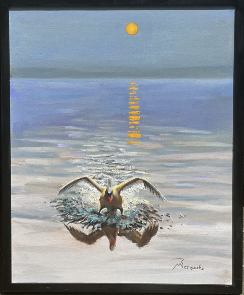 Smooth Landing 16 x 20" oil on panel, framed by the artist Smooth Landing depicts a beautiful Swann coming in for a perfect landing on a still, misty pond. It was very relaxing as I experienced this oment in my imagination. I achieved a perfect balance between the warm of the sun against the cool of the sky and water. I hope it has a similar effect on you. Can you think of a place in your heart where a calm, misty Swann would feel at home?